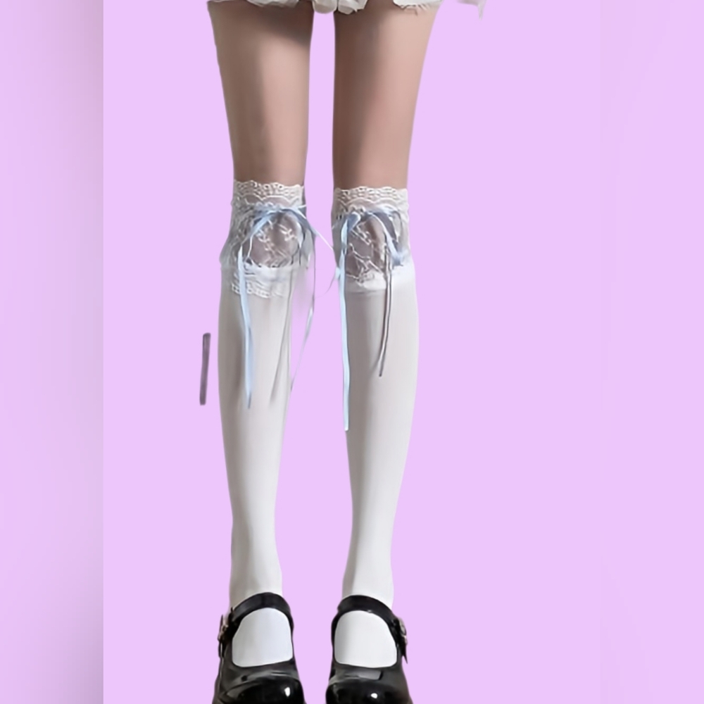 Lolita Inspired White Lace Thigh High Socks with Blue Ribbon Bows